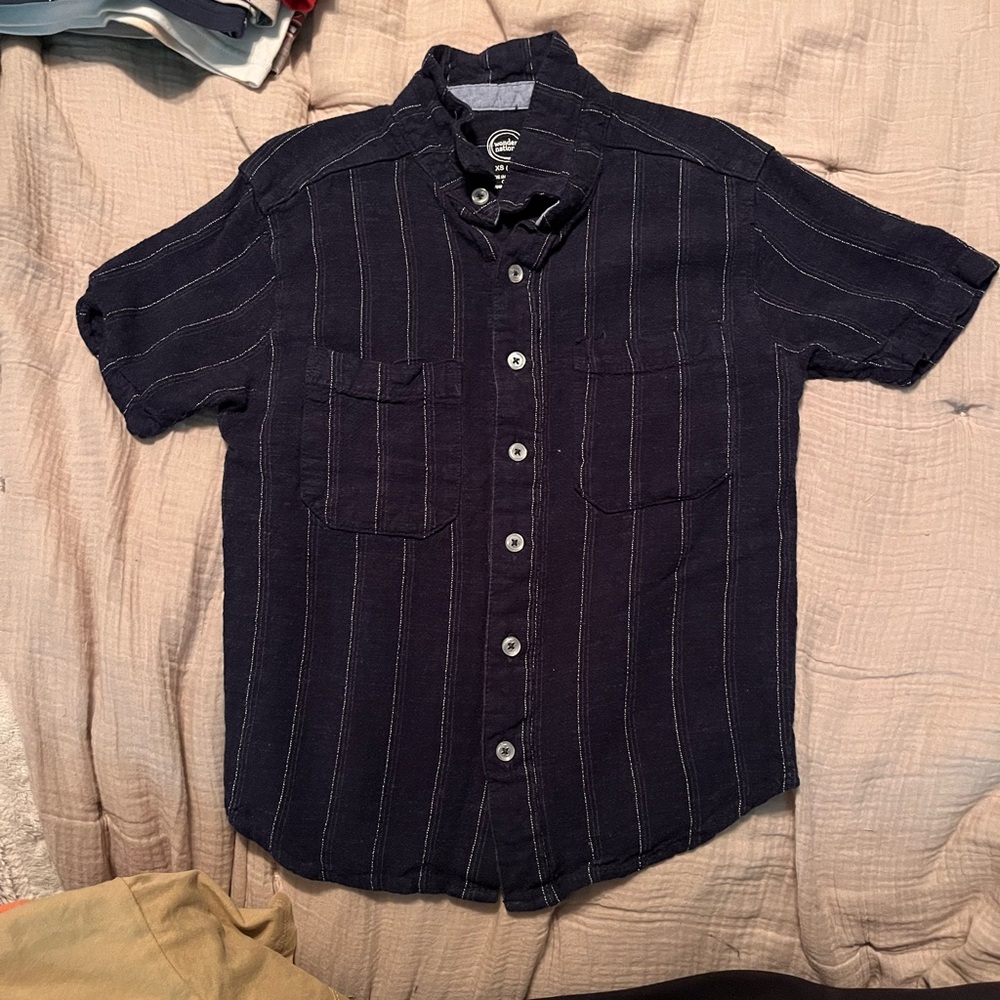 Navy blue linen button down shirt toddler boy